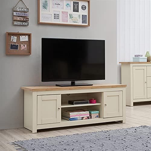 Image of Timber Art Design UK Lisbon TV Unit Cabinet Stand Large with Steel Handles 2 Door 2 Shelf Wood Tv Cabinets for Living Room, Cream Oak - H 50cm x W 132cm X D 40cm