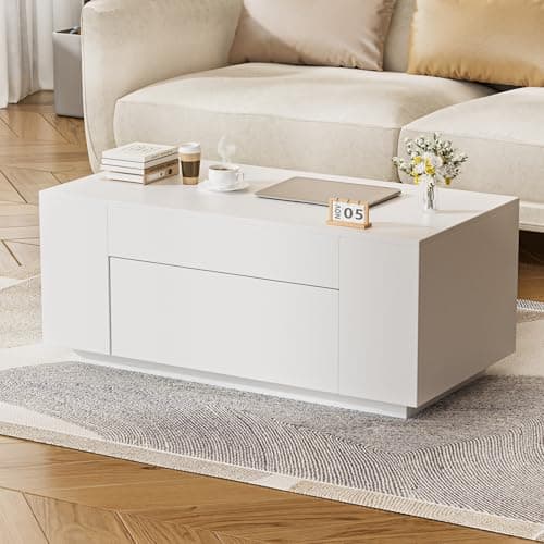 Image of BonVache Coffee Table with Hidden Storage Drawer - 90x50x41.8cm Rectangular Tea Table, Minimalist Living Room Centre Table & Home Office Desk, Sturdy Easy-Clean Modern Furniture,white