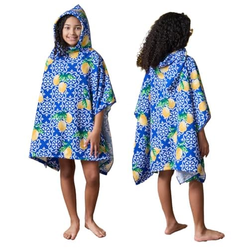 Image of Dreamscene Poncho Towel for Kids, Soft Absorbent Beach Changing Robe For Boys & Girls Stylish Lemon Print Hooded Towel Quick Dry Lightweight Swimming Towel, Blue