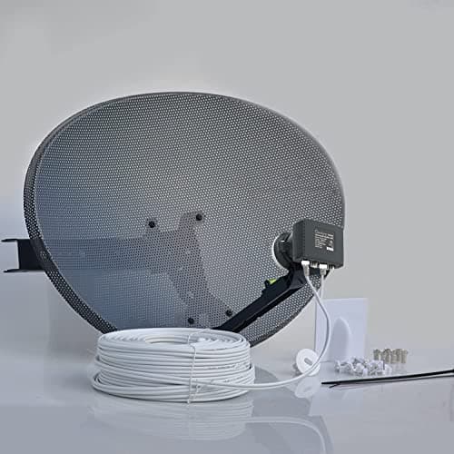 Image of SSL Satellites Freesat HDR Satellite Dish DIY Self Installation Kit, Latest Dish with Quad LNB, Twin White Coax Cable, All necessary Brackets, Bolts and SATELLITE FINDER (15 Meter Kit, White)