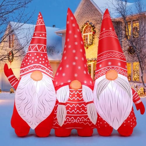 Image of GOOSH 6.8 FT Width Christmas Inflatable Gnomes Outdoor Decoration Blow Up Yard Three Xmas Midgets Holding Hands with Built-in LEDs for Indoor Party Garden Lawn Decor
