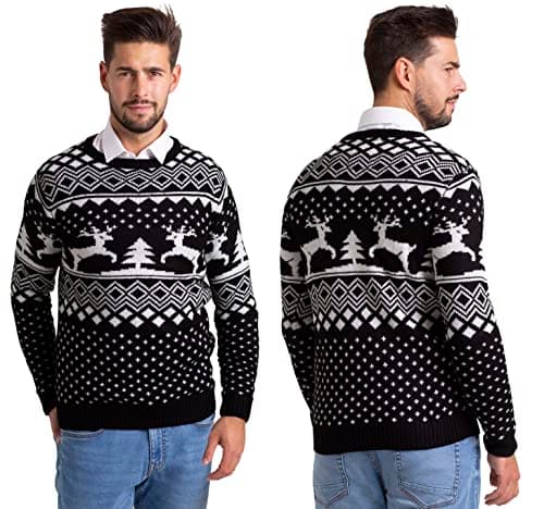 Image of westAce Men's Christmas Jumper Ugly Festive Xmas Tree Reindeer Fair Isle Knit Sweater Long Sleeve Winter Holiday Crew Neck Pullover Christmas Sweaters for Men S-XXL (Black, M)