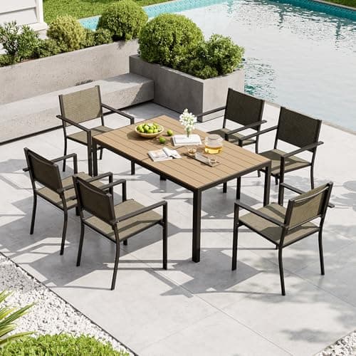 Image of Aoxun 7 Piece Garden Dining Set for 6, Outdoor Dining Set with 6 Stackable Textilene Chairs and1 Rectangular Metal Table, Texteline Seats, Decorative Armrests for Balcony, Patio, Terrace, Brown