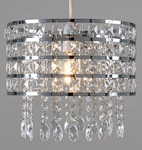 Image of Giggi Chrome Ceiling Light Shade Cylinder Shape with Clear Acrylic Crystals 26cm x 30cm, Lampshades for Ceiling Lights & Floor Lamps, Lamp Shades for Bedroom, Living Room, Kitchen, Hallway