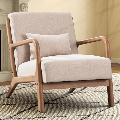 Image of EBELLO Living Room Armchair, Modern Accent Chair with Solid Wood Frame, High Back Upholstered Reading Chair with Waist Cushion, Lounge Chairs for Living Room Bedroom Balcony, Beige