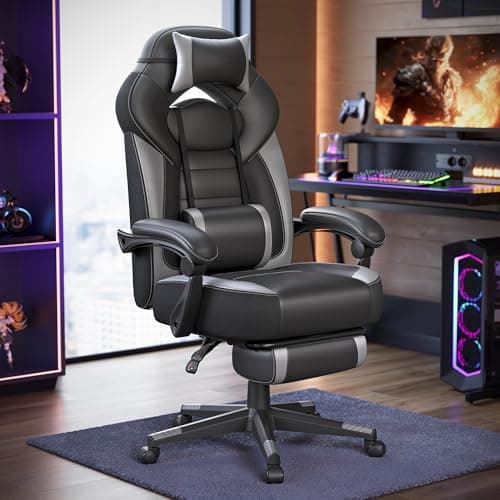 Image of SONGMICS Gaming Chair, Office Racing Chair with Footrest, Desk Chair, Ergonomic Design, Adjustable Headrest, Lumbar Support, 150 kg Load Capacity, Black and Grey OBG77BGUK