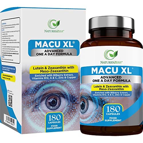 Image of Macu XL - Lutein and Zeaxanthin Supplement - 6 Month Supply with Meso Zeaxanthin, Bilberry Extract, Vitamins A, B12 & Zinc, 180 Vegan Capsules - Eye Supplement for Vision Health – Eye Vitamins