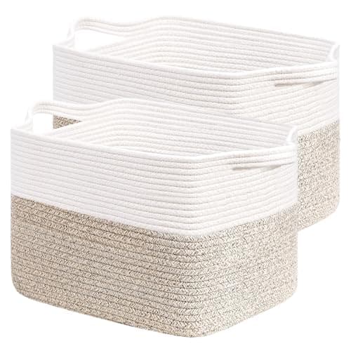 Image of MEIDIV 2 Pack Cotton Rope Storage Baskets for Shelves, 33x25x23cm Woven Baskets for Closet Storage, Woven Basket with Handle, Storage Bins for Living Room, Laundry Basket for Clothes Toy Storage
