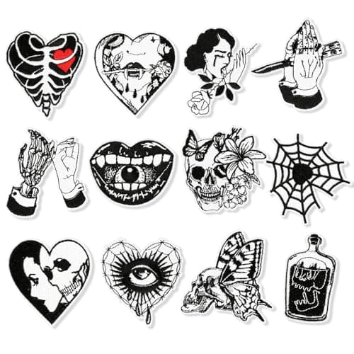 Image of JSRQT 12Pcs Cool Skull Iron on Patches for Clothing, Black Self Adhesive Embroidered Applique Stickers for Adult Kids, Sew On Repair Embroidery Patches for Jeans Jackets Shoes Hats Backpack