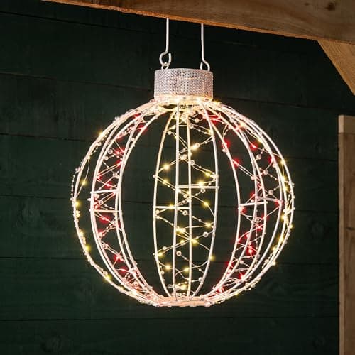 Image of Christow Light Up Christmas Bauble, Hanging Ball Decoration, 160 Red & White Micro LEDs, White Metal Frame & Silver Beading, Timer, Mains Powered, 5m Cable, Indoor & Outdoor, 40cm x 38cm x 38cm