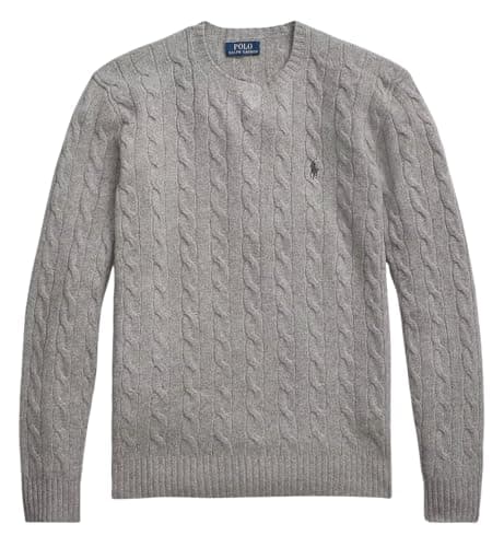 Image of POLO RALPH LAUREN Men's Cable Knit Cashmere Wool Crew Neck Jumper (UK, Alpha, L, Regular, Regular, Fawn Grey Heather)