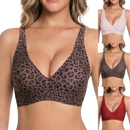 Image of moskrtula Jelly Bras for Women UK Deep V Wireless Bralettes Push Up Seamless Bra Ladies Leopard Bra T Shirt Bras Comfortable Wireless Plunge T Shirt Bralettes with Adjustable Straps Everyday Bras