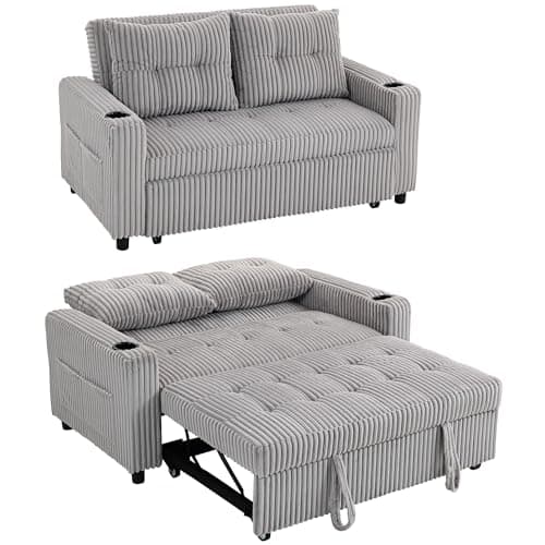 Image of HOMCOM 2 Seater Sofa Bed, Corduroy Click Clack Sleeper Sofa with Pull Out Design, 2 Pillows, Cup Holders, Side Pockets, Convertible Loveseat Bed Settee for Living Room, 157x190cm, Light Grey