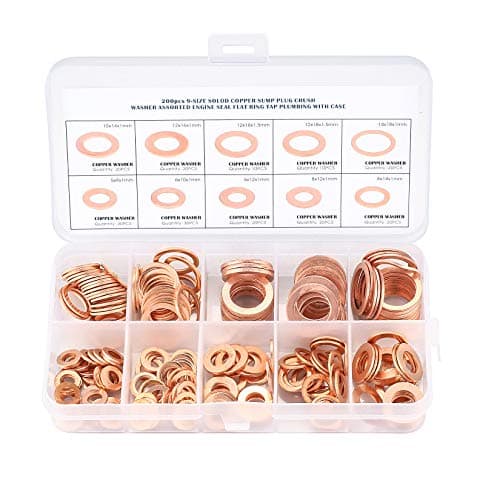 Image of 200 Pcs Copper Washers Assorted, Flat Washers Kit, 9 Sizes Sealing Ring Washer Assortment Set, Plain Washer with Storage Box(M5 M6 M8 M10 M12 M14)