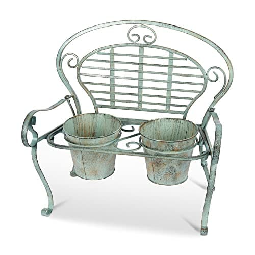 Image of AuraHome Decorative Vintage Wrought Iron Bench Planter Patio Garden Flower Stand includes 2 Plant Pots Decorative Scroll Verdigris 50cm Wide x 48cm Height