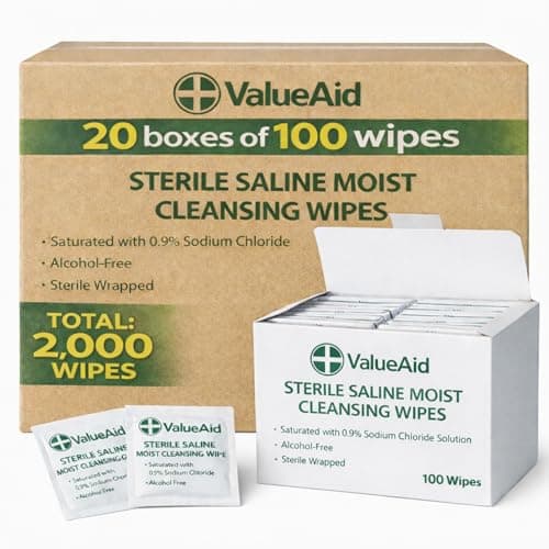 Image of Value Aid Sterile Saline Moist Cleansing Wipes 2000 Bulk Pack - 20 Boxes of 100 Individually Wrapped Wipes - Alcohol Free Single Use Skin Cleansing Wipes for First Aid