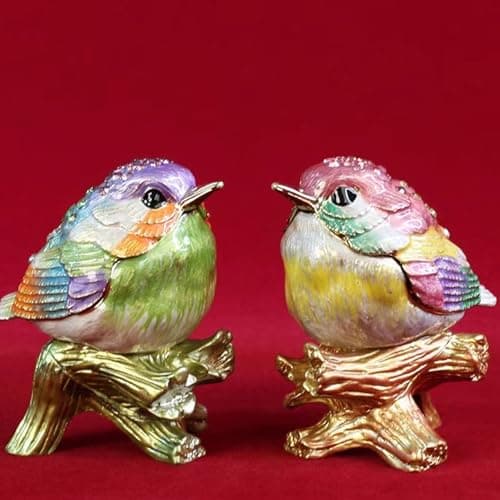 Image of Hand Painted Enamel Bird Trinket Box for Home Decor, Hinged Jewelry Organizer Box for Ring Earrings, Unique Figurine Keepsake Collectible Personalized Elegant Handmade Ornament (2PCS Pink+Purple)