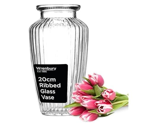 Image of Wrenbury Urn Ribbed Glass Vase for Flowers 20cm - Daffodil Vase - Clear Glass Table Centerpiece