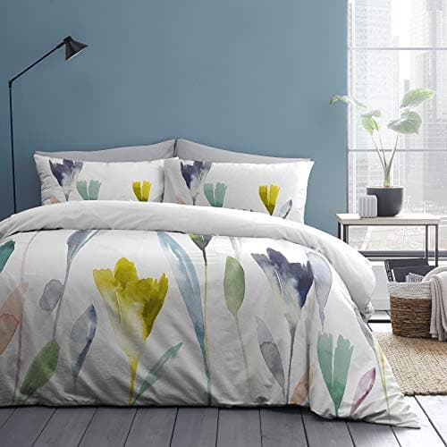 Image of Appletree - Watercolour Floral Duvet Cover - Super King Bedding Size (260 x 220cm) - Soft 100% Cotton - White Duvet Cover with Flowers Painting - Botanical Reversible Design (Plain White Bedding)