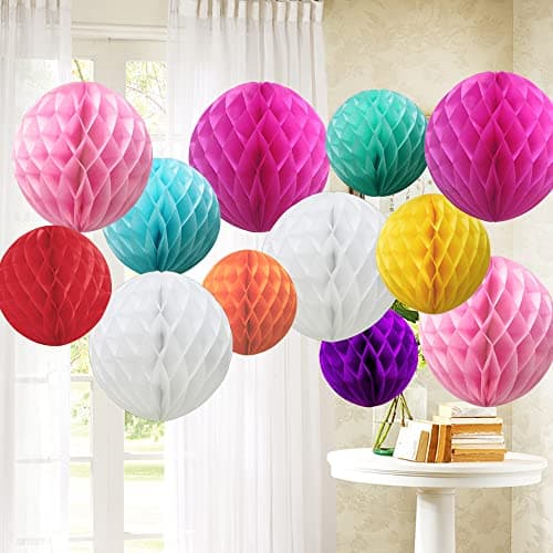 Image of Time to Sparkle 12 Pack Tissue Paper Honeycomb Balls, Poms Birthday Baby Shower Wedding Decorations (Colorful)