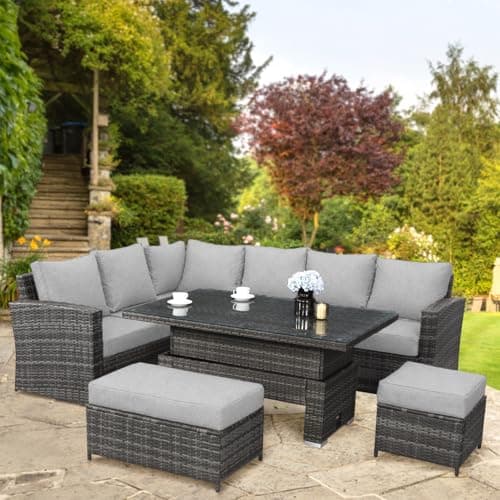 Image of GOODS EMPORIUM 9 Seater Rattan Garden Furniture Set with Height Adjustable Rising Table - Outdoor Furniture Rattan Corner Sofa - FREE COVER INCLUDED (Dark Grey Mixed with Light Grey Cushions)