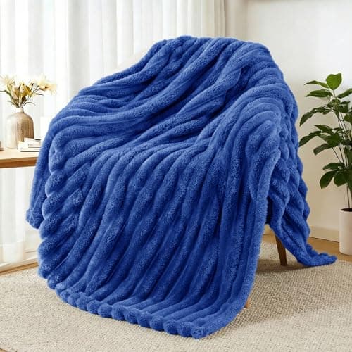 Image of Exclusivo Mezcla Fleece Throw Blanket for Sofa, Super Soft Striped Jacquard Bed Blanket, Lightweight Fuzzy Cozy for All Seasons, 127x152 CM, Cobalt Blue