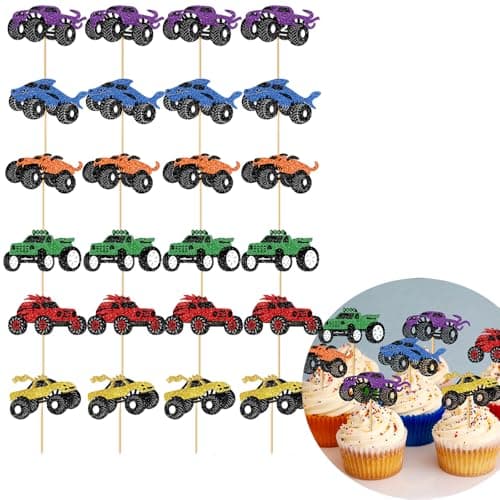 Image of Birthday Cake Decorations, Cars Birthday Decorations, Monster Truck Cake Topper - HSC 24Pcs Glitter Cupcake Toppers for Monster Truck Cars Theme Party Supplies, Multi Color Cakes Decorations for Men