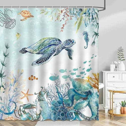 Image of Avezano Sea Turtle Shower Curtain Nautical Biological Blue Ocean Turtles Octopus Coral Seahorse Bathroom Curtain Waterproof Bathtub Curtain Decor with 12 Hooks 72 X 72 Inches