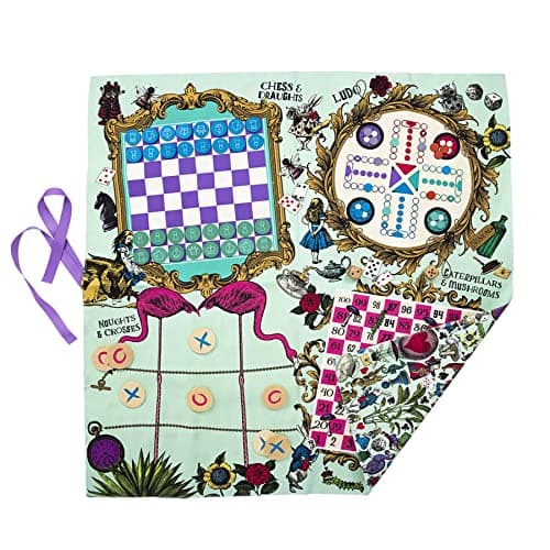 Image of Professor PUZZLE Alice’s Party Games Mat - Alice in Wonderland Themed games mat with 5 classic family games, Chess, Draughts, Noughts & Crosses, Snakes & Ladders.