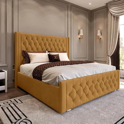 Image of AL SULTAN 5FT King Ottoman Storage Luxury Chesterfield Winged Bed With Headboard And Mattress Upholstered In Plush Velvet Mustard Bed End Lift (Mustard Plush, 5FT King Gas Lift Storage With Mattress)