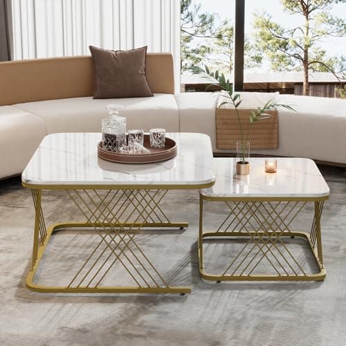 Image of Merax Nesting Tables Square Coffee Table Set Nest of 2 Tables for Living Room,Marble Effect Top & Gold Metal Frame, End Table for Sofa or Bedroom, White + Gold (70×70×43cm)