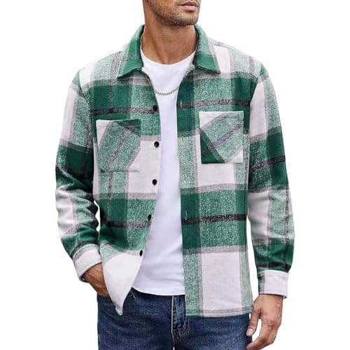 Image of MakingDa Mens Flannel Shirt Long Sleeve Warm Thick Checked Shirt Button Down Casual Winter Plaid Shirts with Pockets Regular Fit Lapel Collar Check Shirt Jacket Smart Casual Work Shacket Green 3XL