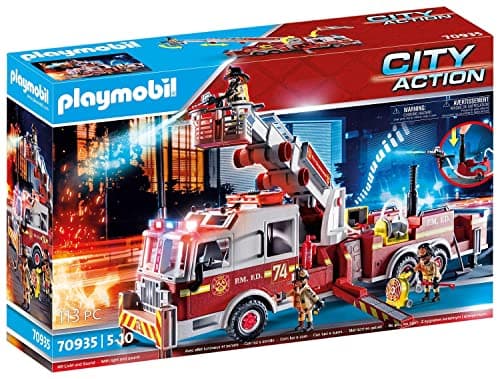Image of Playmobil City Action 70935 Rescue Vehicles: Fire Engine with Tower Ladder, With Light and Sound, Fire Engine Toys for Children Ages 5+