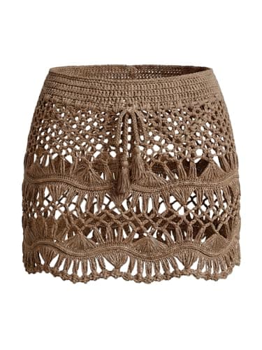 Image of CUPSHE Womens Crochet Skirt Beach Cover Up Swimwear Bikini Bottoms Sheer Mini Skirt Drawstring Hollow Out Summer Holiday Sarong Brown M