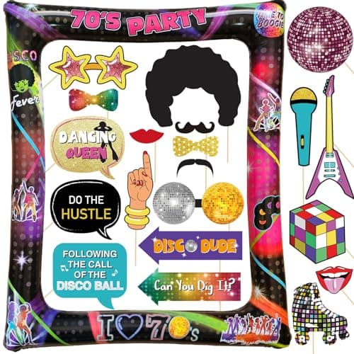 Image of Disco Party Inflatable Selfie Photo Frame & Photo booth Props Set 1970s Disco Throwback Party Selfie Props for Retro Disco Fever Dance Party 70's Boogie Party Birthday Hippie Party Favors