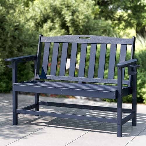 Image of PHI VILLA Garden Bench, Weatherproof HDPE Bench with 318kg Capacity, 2-3 Seater Patio Benches for Outdoors, Park, Yard and Porch, Navy Blue
