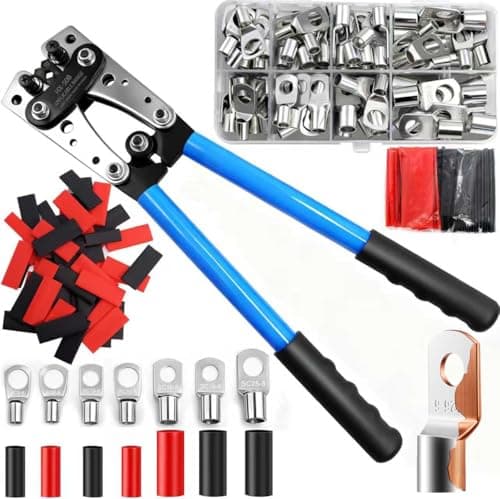 Image of Battery Cable Crimping Tool,AWG 10-1/0 Lug Crimper with 100pcs Heat Shrink Tubing and 60pcs Copper Wire Lugs,0 Gauge Wire Crimper with 8 Sizes Cable Lugs Set for Battery Cable Terminals