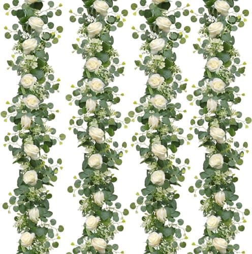Image of Dremisland 4PCS /24 FT Artificial Eucalyptus Flower Garland Spring Decor White Rose Garland Silk Flowers Fake Eucalyptus Plants Faux Vines Greenery Garlands for Wedding Table Runner Backdrop