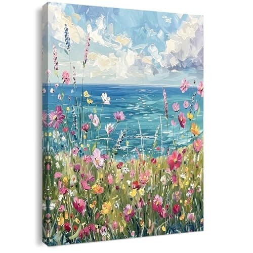 Image of Canvas Wall Art Framed – Coastal Wildflower Meadow Artwork Colourful Seaside Oil Painting Style Wall Decor for Living Room Bedroom Hallway or Entryway Home Decoration with Hooks and Nails 12x16 Inch