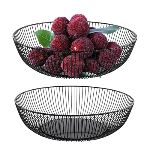 Image of UNGFEI 2 PCS 28x15.5x7.5cm Black Wire Fruit Basket, Round Black Fruit Bowl Modern, Kitchen Metal Wire Basket, Geometric Metal Bowl for Vegetable, Snack, Bread, Fruit
