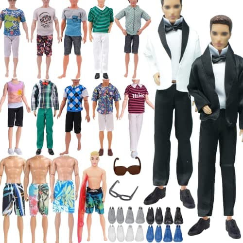Image of WanderGo 23 PCS Ken Dolls Clothes and Accessories Set, Including 1 Ken Suit,5 Tops 5 Pants, 2 board shorts, 8 Shoes 1 Glasses and 1 Surfboard(Random Style)