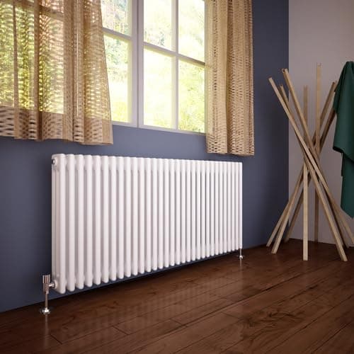 Image of ELEGANT Traditional Cast Iron Style White Triple Column Horizontal Radiator 600x1400 mm Perfect for Living Room Bedroom Kitchen