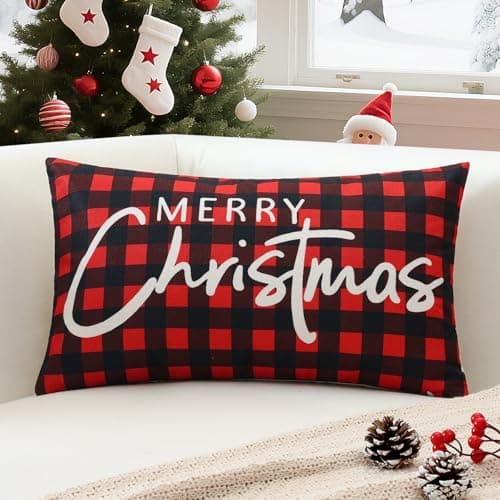 Image of Sungeek Christmas Cushion Cover 30x50 cm, Merry Christmas Red Buffalo Plaid Lumbar Pillow Cover Winter Holiday Xmas DecorativeThrow Pillow Case for Sofa Couch Bedroom Living Room