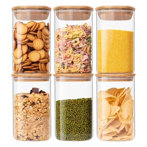 Image of Wells Food Storage Containers with Bamboo Lids 37OZ 1100ml, Glass Canisters with Airtight Lids, Square Glass Jars for Kitchen, Idea for Cereal, Coffee, Sugar, Tea, Candies, Cookies, Set of 6, Clear
