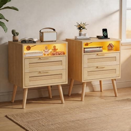 Image of BonVache Bedside Rattan Tables Set of 2, Nightstand with Charging Station and LED Lights, Bedside table with 2 wicker drawers and Open Shelf, Solid Wood Legs, Bed side table for Bedroom, Living Room
