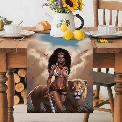 Image of Vintage African Table Runner 13x36 Inches Long Lion and Warrior Woman with Clouds Cotton Linen Table Runner Burlap Style for Dinner Table Party Decor Tabletop Decorations