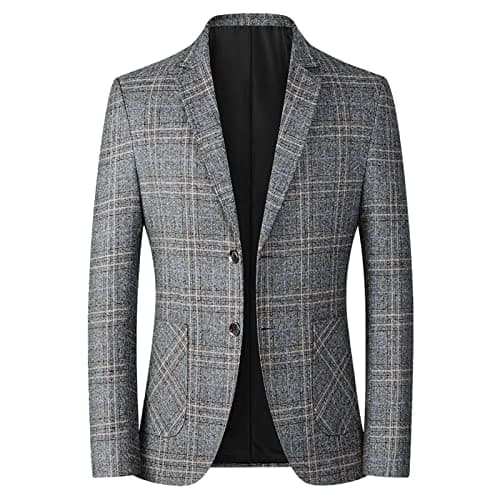 Image of DUHGBNE Mens Blazer Jacket Plaid Checked Cuasual Smart Regular Long Sleeve Business Check Blazer Daily Fit Suit Jacket Wedding Tuxedo Jackets Grey