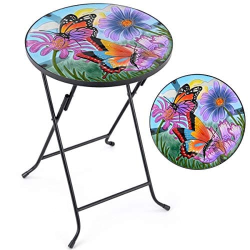 Image of CHRISTOW Bistro Table Glass Top Round Folding Garden Patio Decoration Plant Stand (Painted Butterfly)