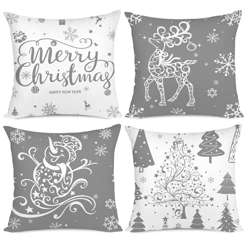 Image of Miaikoe Christmas Cushion Covers 50x50 Set of 4 Christmas Decoration Trees Deer Snowman Merry Christmas Decorative Holiday Farmhouse Pillow Cases for Holiday Christmas Decoration(Grey)