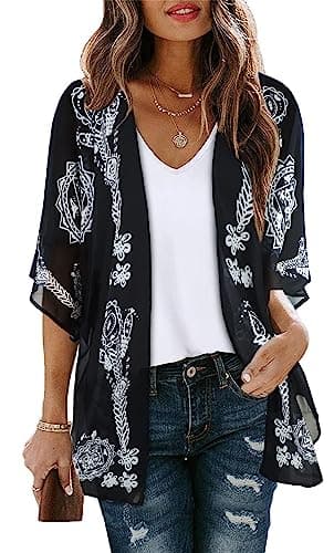 Image of Chiffon Kimono Boho Lightweight Cardigan Summer Tops Bikini Swimming Suit Cover Up Shirts for Women(Black Print,M)
